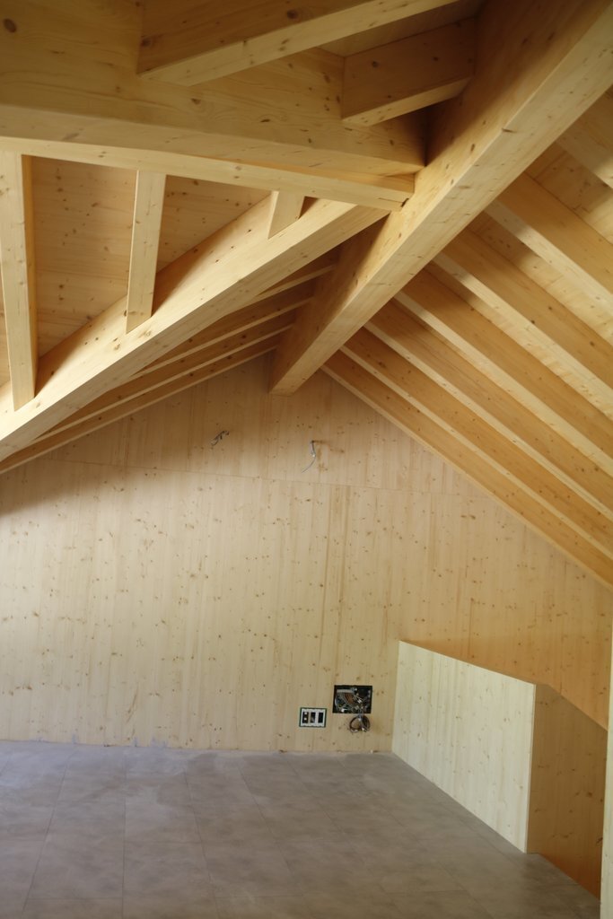 Pla general del sostre d'una casa de fusta en construcció al Ripollès el juny del 2021 (Horitzontal)