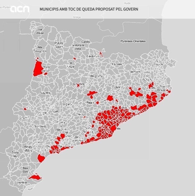 Mapa dels municipis afectats pel toc de queda que vol aplicar el Govern en una imatge elaborada el 14 de juliol del 2021. Pla general. (Horitzontal)