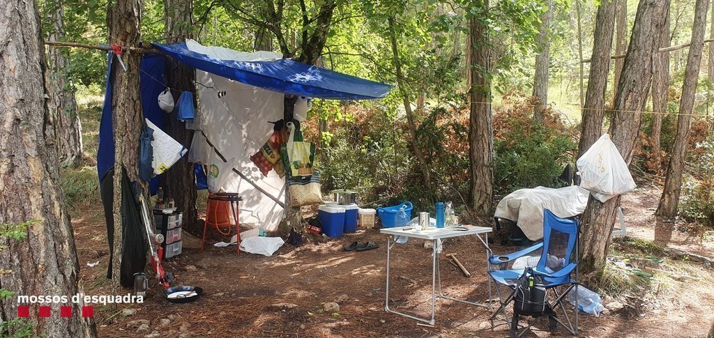 Pla obert d'un campament localitzat pels Mossos d'Esquadra al costat d'una plantació de marihuana en una zona boscosa de difícil accés de Coll de Nargó (Alt Urgell). Imatge del 17 de setembre de 2021. (Horitzontal)