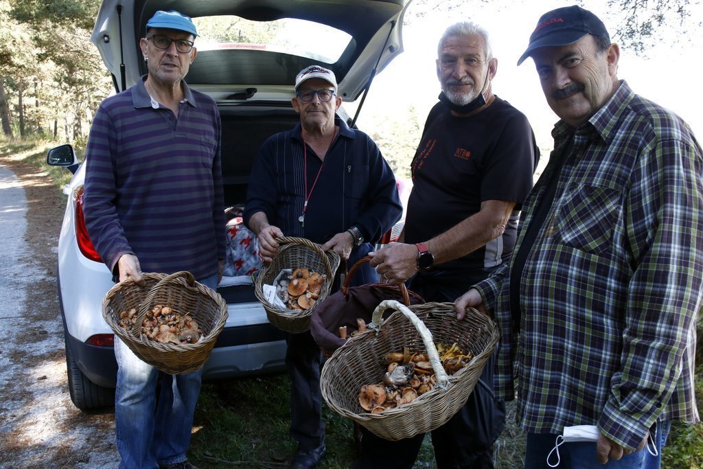 Un grup de boletaires mostren els cistells a Gombrèn (Ripollès) el setembre del 2021. (Horitzontal)