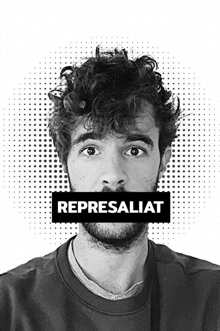 Pla mig d'un cartell on apareix Max Castellarnau i un rètol a la boca que hi posa 'Represaliat'