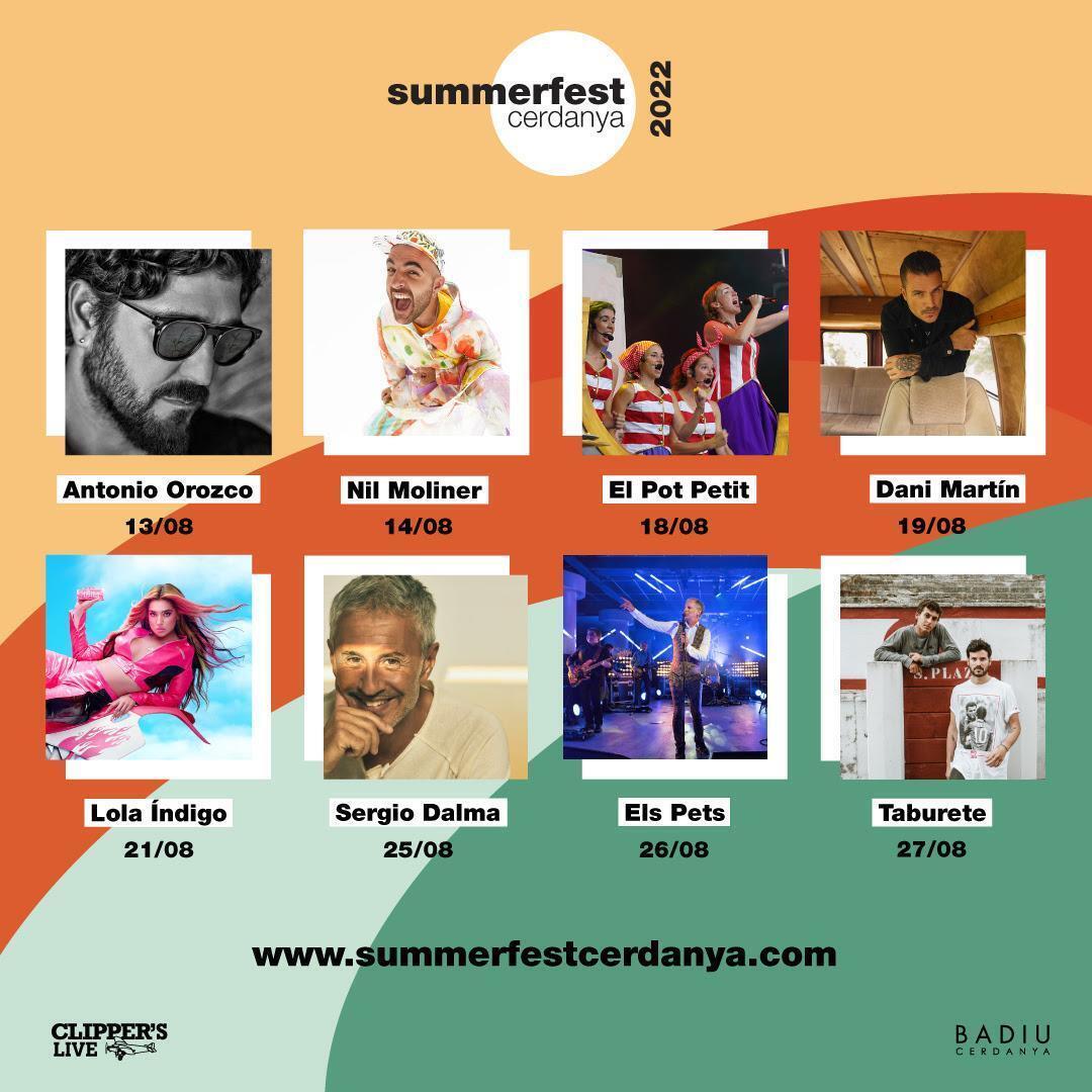 Imatge promocional del festival Summerfest Cerdanya 2022 on es poden veure els artistes que formen part de l'esdeveniment i els dies en què esta prevista la seva actuació. Imatge publicada el 3 de desembre de 2021. (Horitzontal)