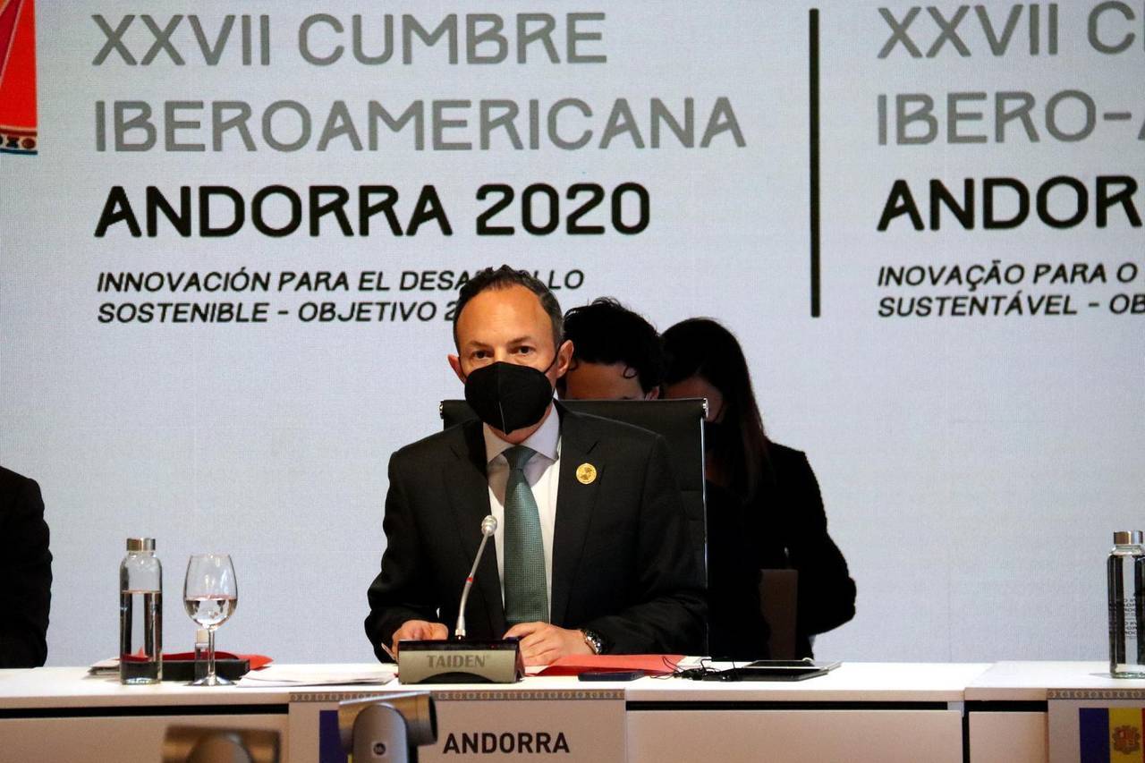 Pla mig del cap de Govern d'Andorra, Xavier Espot, al plenari de la Cimera Iberoamericana, el 21 d'abril del 2021, a Soldeu (Andorra). (horitzontal)