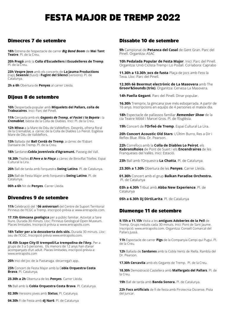 Programa Festa Major Tremp 2022